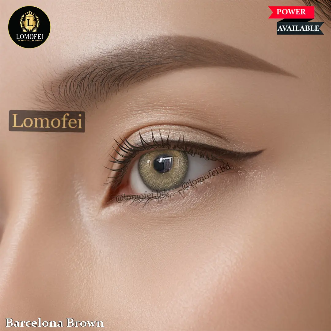 Model wearing Ksseye Barcelona Brown prescription contact lens showing natural brown eye color – comfortable power eye lens for clear vision and style in Bangladesh