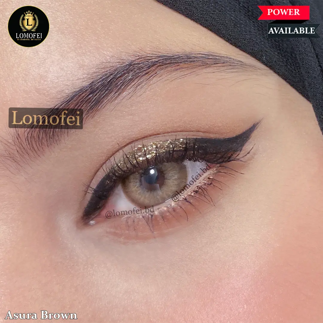 Asura Brown prescription contact lens on model's eye, showing eye power and lens price in Bangladesh
