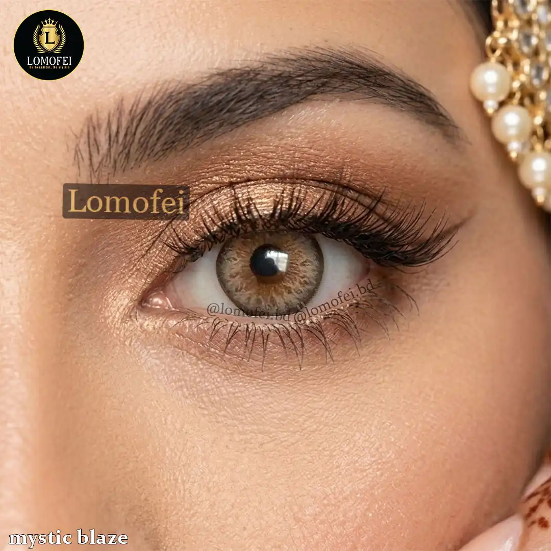 Freshlady Mystic Blaze Hazel eye contact lens closeup, realistic honey-brown hazel shade for a natural glowing look, premium fashion eye lens by Lomofei.
