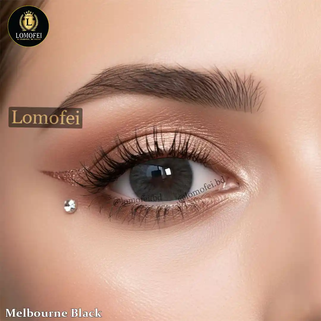 Ksseye Melbourne Black color eye contact lens closeup, deep charcoal black iris-enhancing lens for bold eyes, professional beauty contact lenses by Lomofei.
