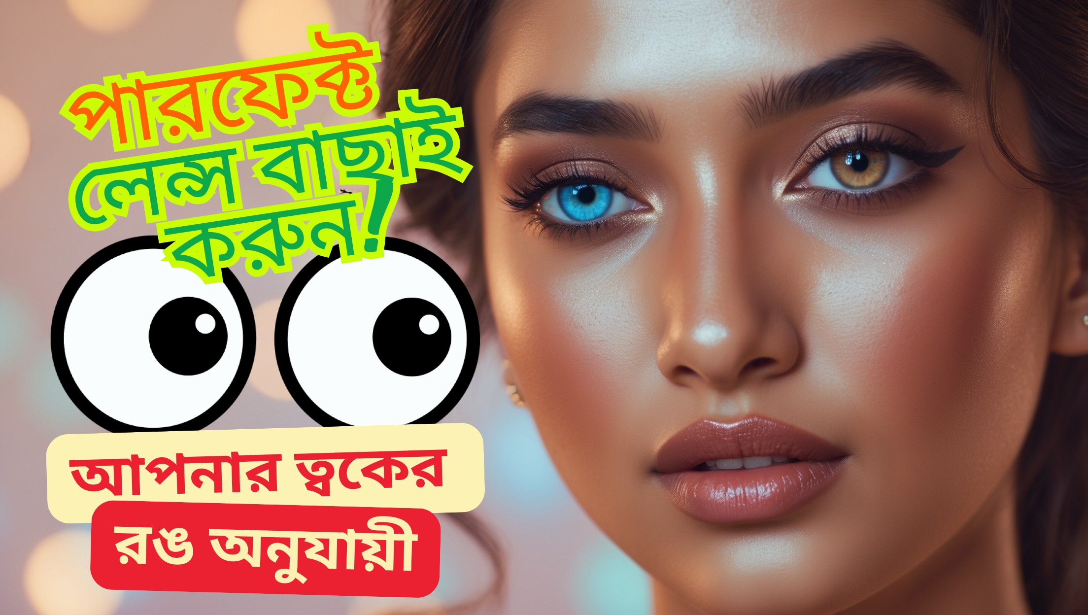 Beautiful woman with heterochromatic eyes showcasing perfect lens color match, Bengali promotional text about choosing lens color based on skin tone