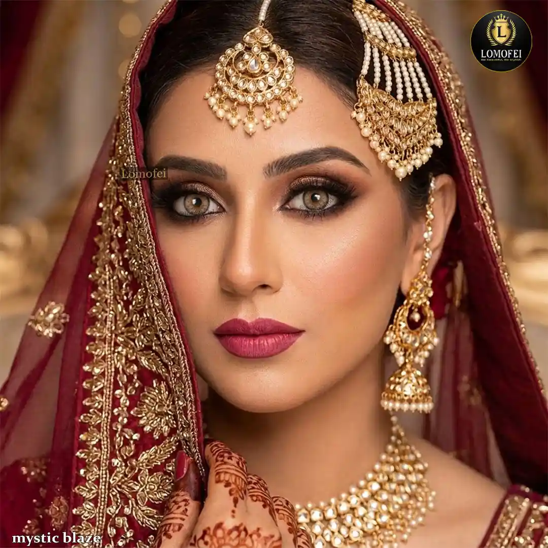 Woman wearing Freshlady Mystic Blaze hazel contact lenses in gorgeous bridal makeup by Lomofei