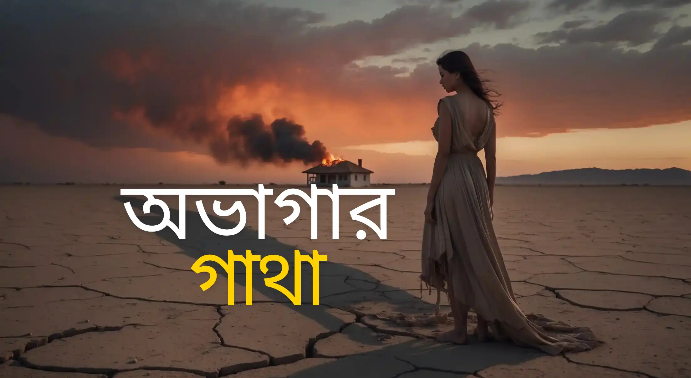 A solitary woman in a torn dress stands in a cracked desert, facing a burning house under a dramatic twilight sky — symbolizing isolation and emotional abandonment